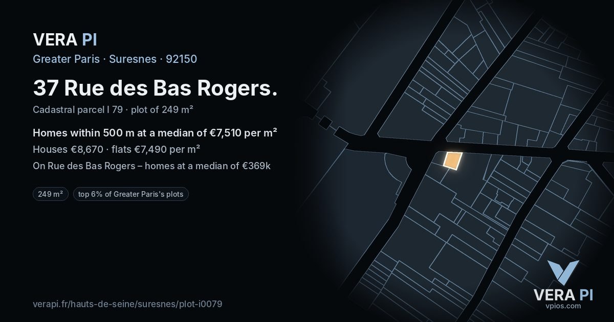 37 Rue des Bas Rogers, Suresnes at night – the plot lit, the parcels around coloured by the prices near them