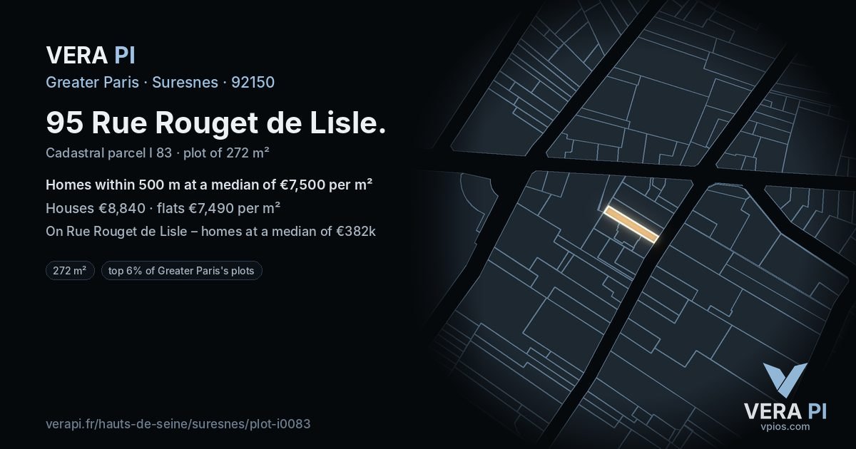 95 Rue Rouget de Lisle, Suresnes at night – the plot lit, the parcels around coloured by the prices near them