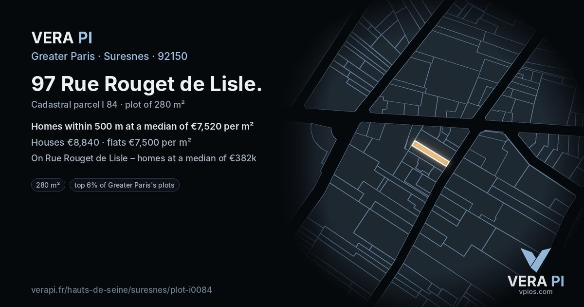 97 Rue Rouget de Lisle, Suresnes at night – the plot lit, the parcels around coloured by the prices near them