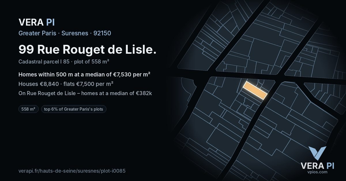 99 Rue Rouget de Lisle, Suresnes at night – the plot lit, the parcels around coloured by the prices near them