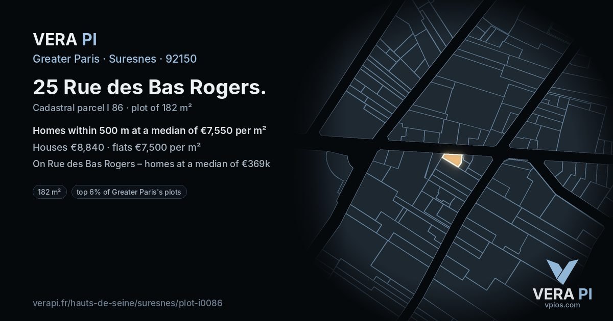 25 Rue des Bas Rogers, Suresnes at night – the plot lit, the parcels around coloured by the prices near them