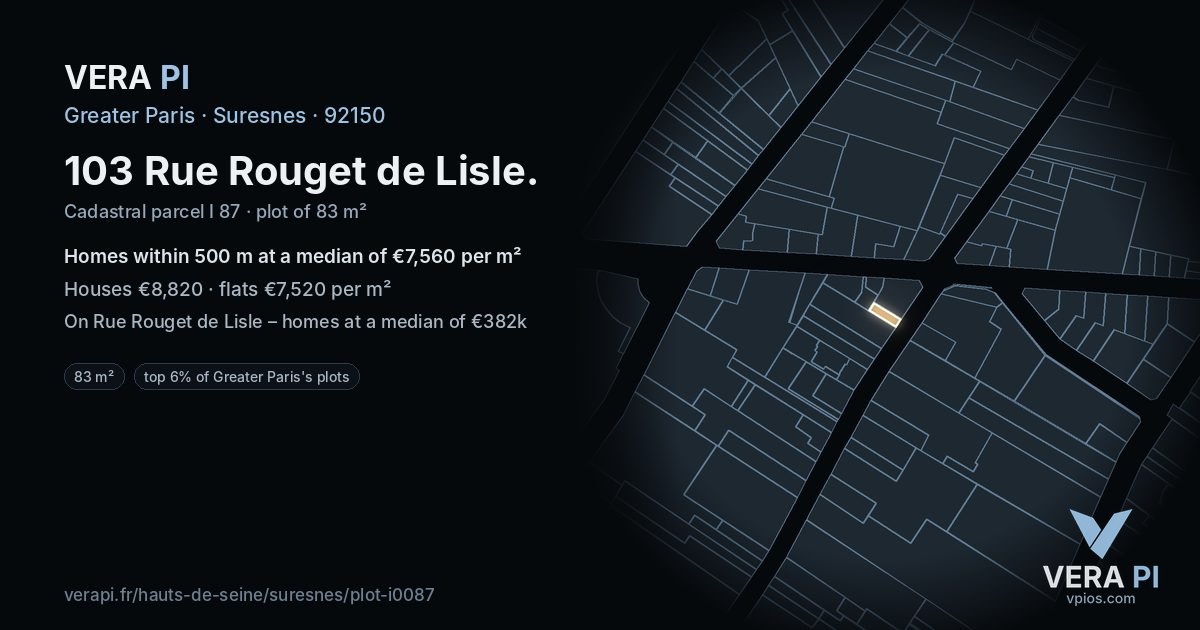 103 Rue Rouget de Lisle, Suresnes at night – the plot lit, the parcels around coloured by the prices near them