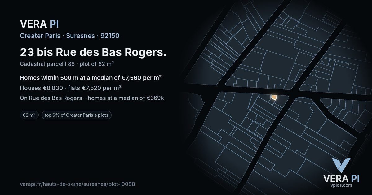 23 bis Rue des Bas Rogers, Suresnes at night – the plot lit, the parcels around coloured by the prices near them