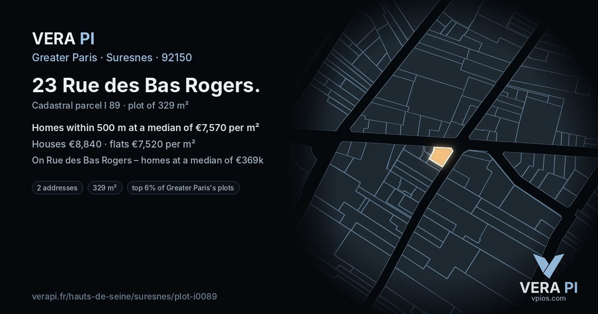 23 Rue des Bas Rogers, Suresnes at night – the plot lit, the parcels around coloured by the prices near them
