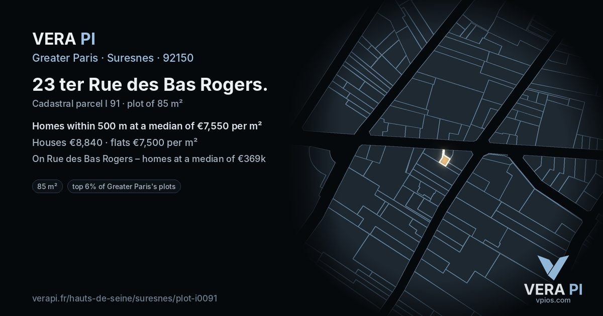 23 ter Rue des Bas Rogers, Suresnes at night – the plot lit, the parcels around coloured by the prices near them