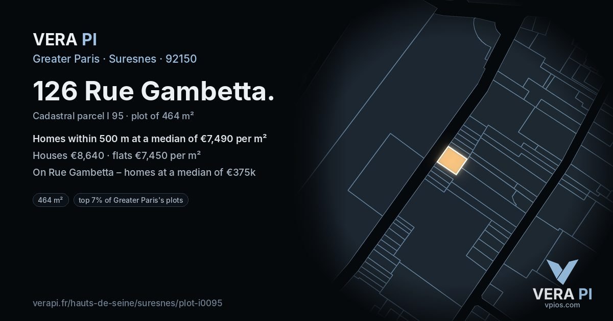 126 Rue Gambetta, Suresnes at night – the plot lit, the parcels around coloured by the prices near them