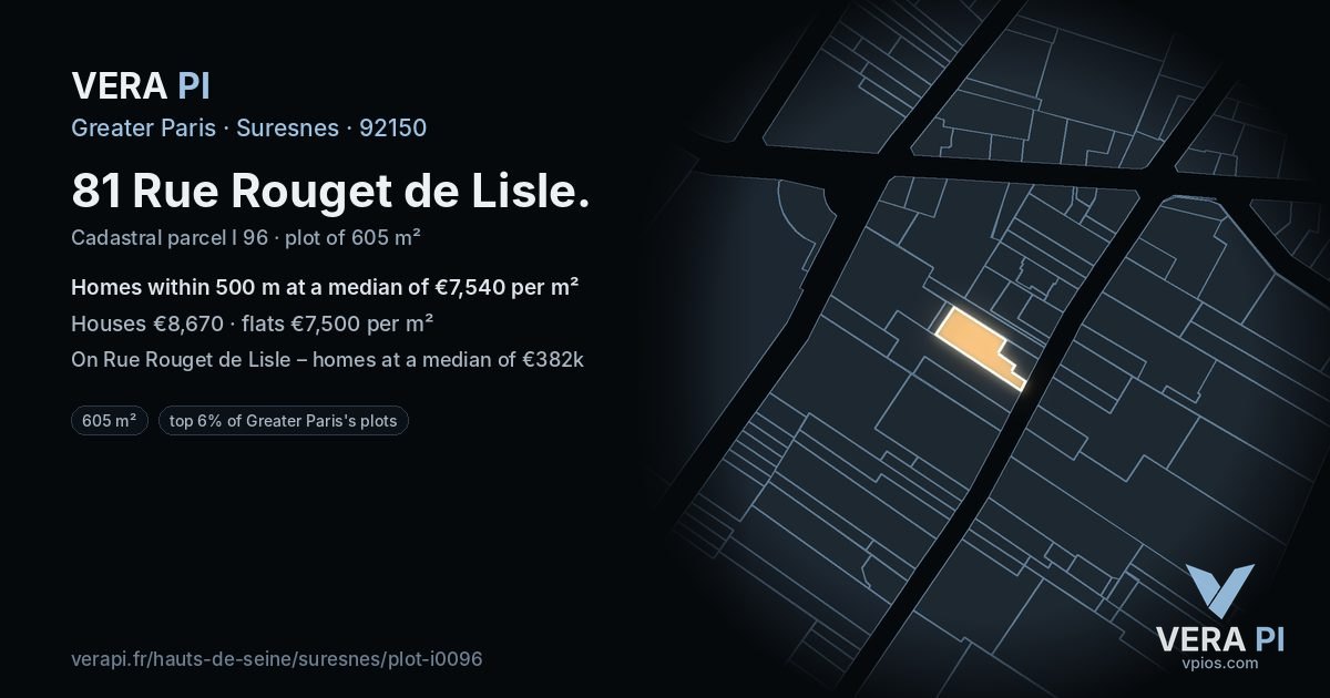 81 Rue Rouget de Lisle, Suresnes at night – the plot lit, the parcels around coloured by the prices near them