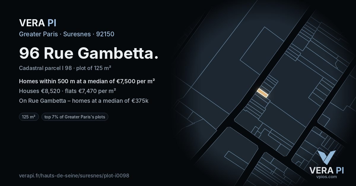 96 Rue Gambetta, Suresnes at night – the plot lit, the parcels around coloured by the prices near them