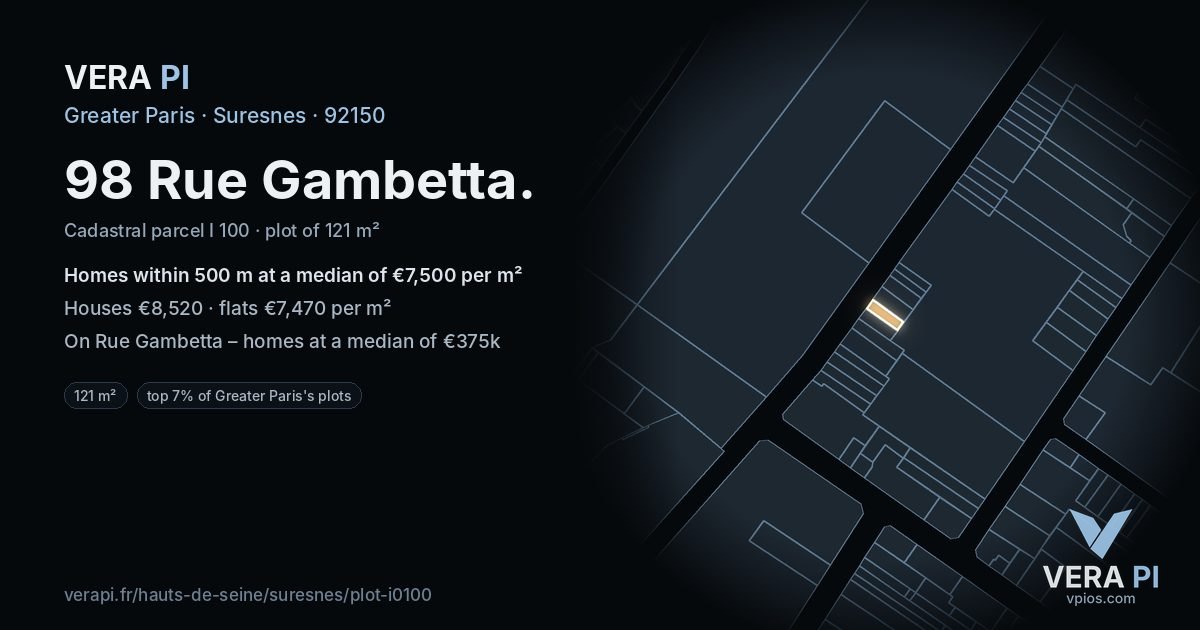 98 Rue Gambetta, Suresnes at night – the plot lit, the parcels around coloured by the prices near them