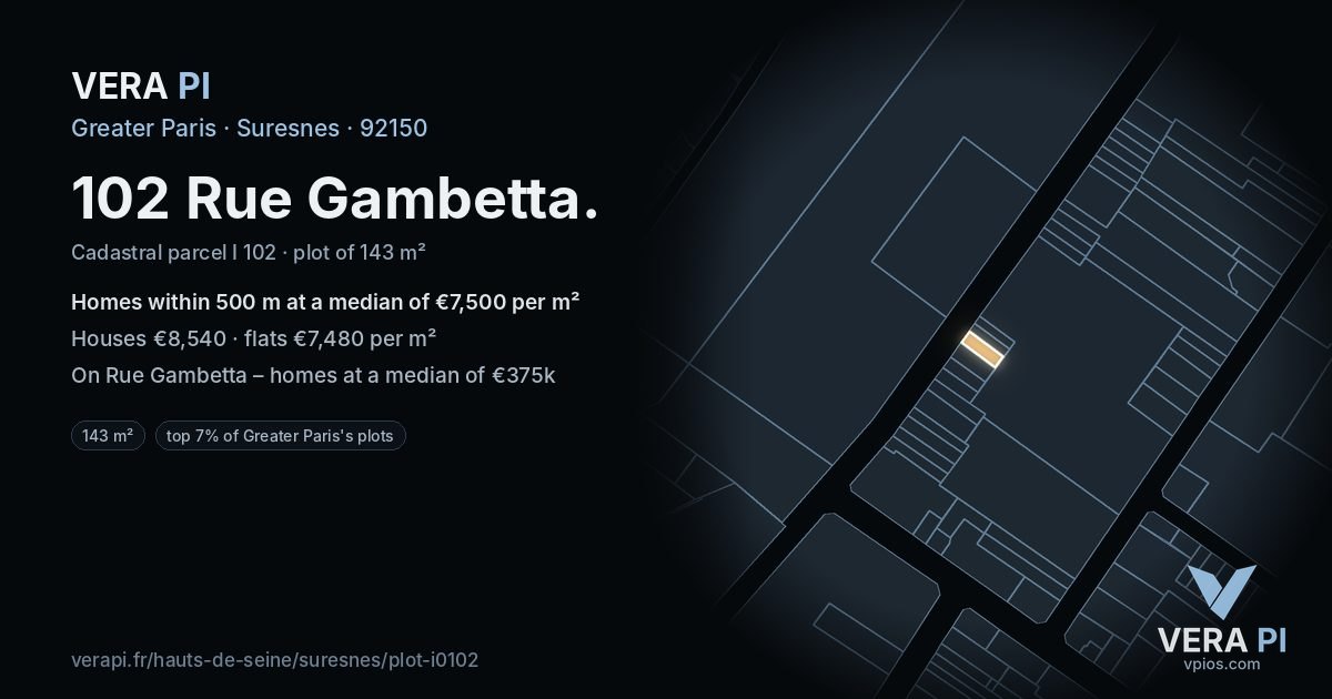 102 Rue Gambetta, Suresnes at night – the plot lit, the parcels around coloured by the prices near them