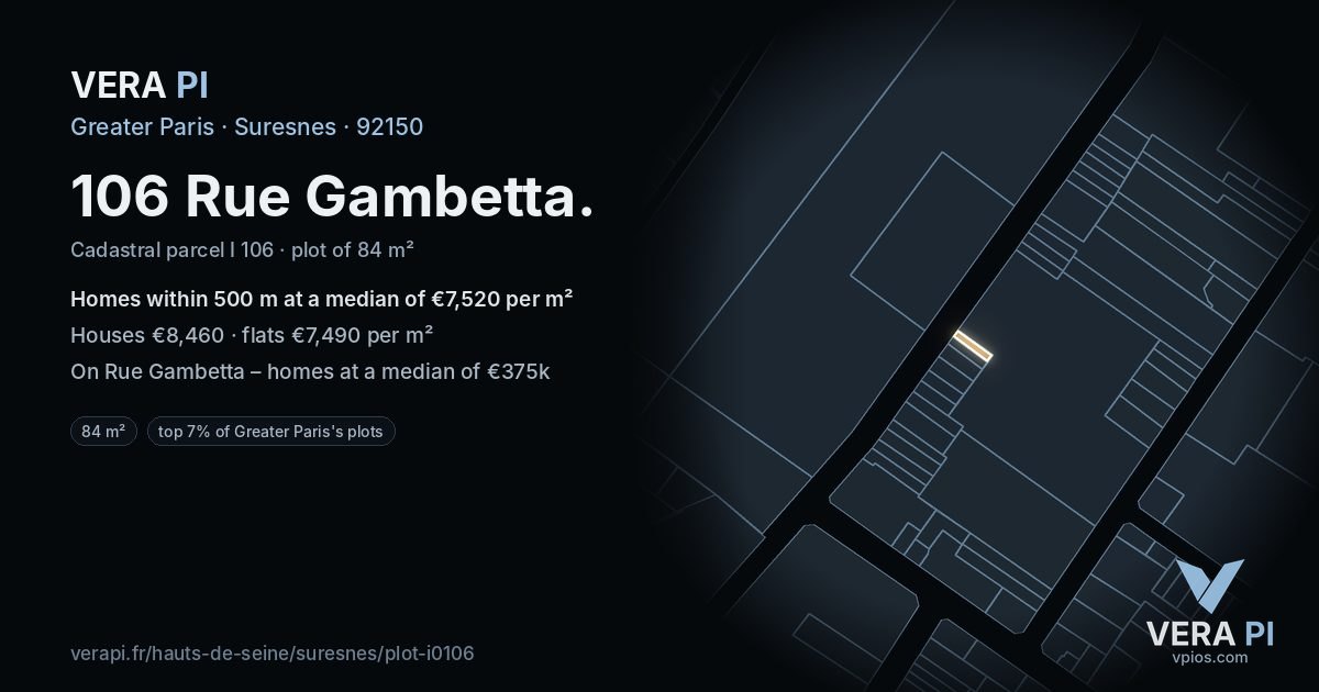 106 Rue Gambetta, Suresnes at night – the plot lit, the parcels around coloured by the prices near them