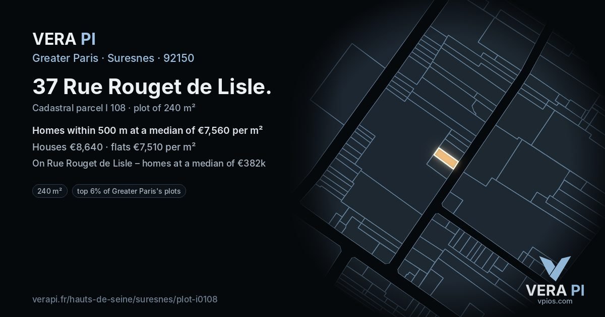 37 Rue Rouget de Lisle, Suresnes at night – the plot lit, the parcels around coloured by the prices near them