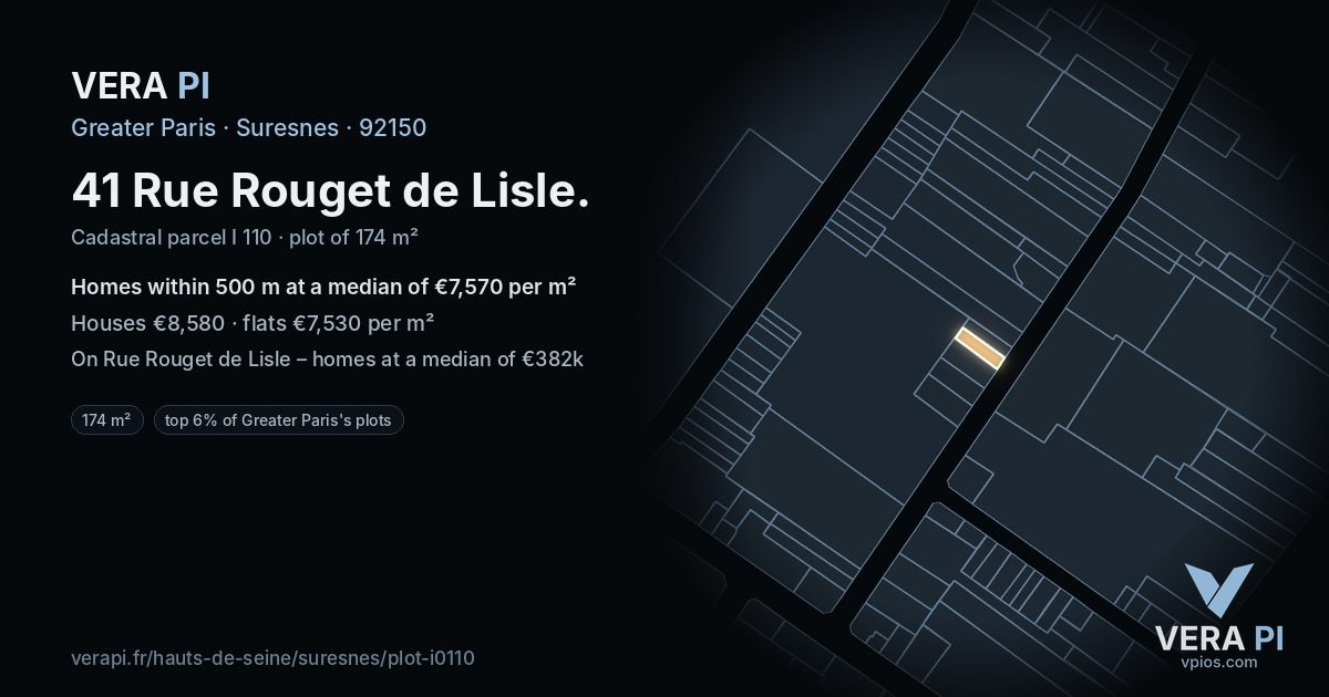 41 Rue Rouget de Lisle, Suresnes at night – the plot lit, the parcels around coloured by the prices near them
