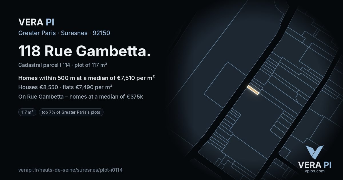 118 Rue Gambetta, Suresnes at night – the plot lit, the parcels around coloured by the prices near them