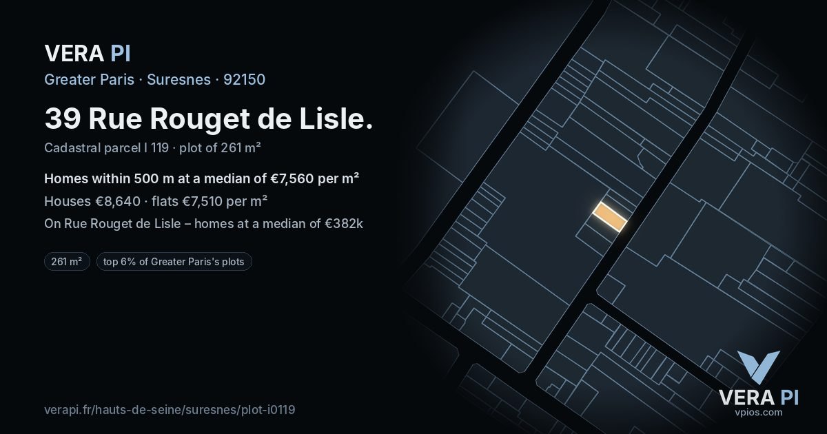 39 Rue Rouget de Lisle, Suresnes at night – the plot lit, the parcels around coloured by the prices near them