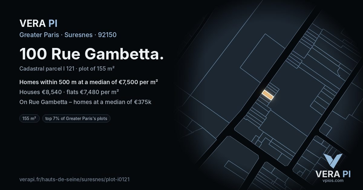100 Rue Gambetta, Suresnes at night – the plot lit, the parcels around coloured by the prices near them