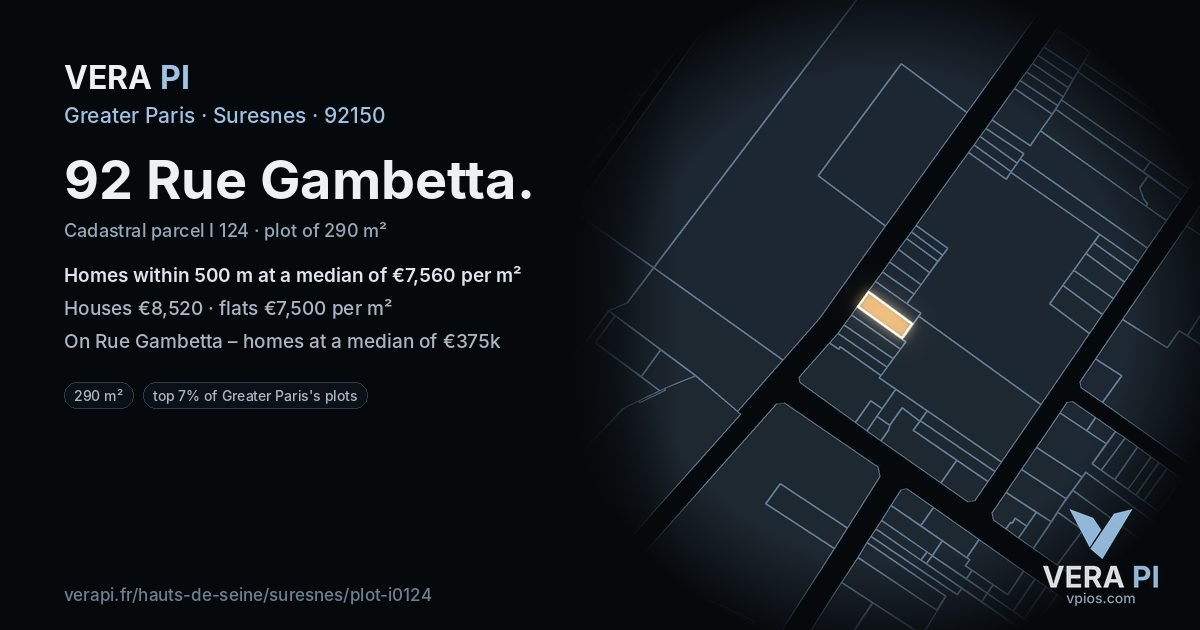 92 Rue Gambetta, Suresnes at night – the plot lit, the parcels around coloured by the prices near them