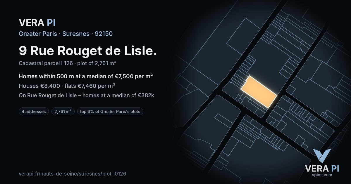 9 Rue Rouget de Lisle, Suresnes at night – the plot lit, the parcels around coloured by the prices near them