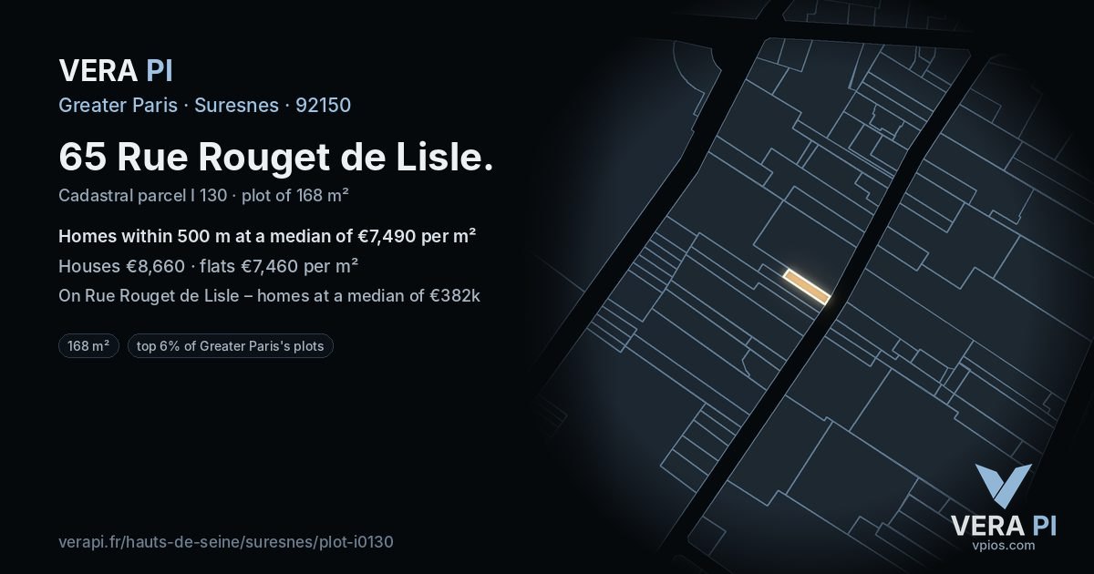 65 Rue Rouget de Lisle, Suresnes at night – the plot lit, the parcels around coloured by the prices near them
