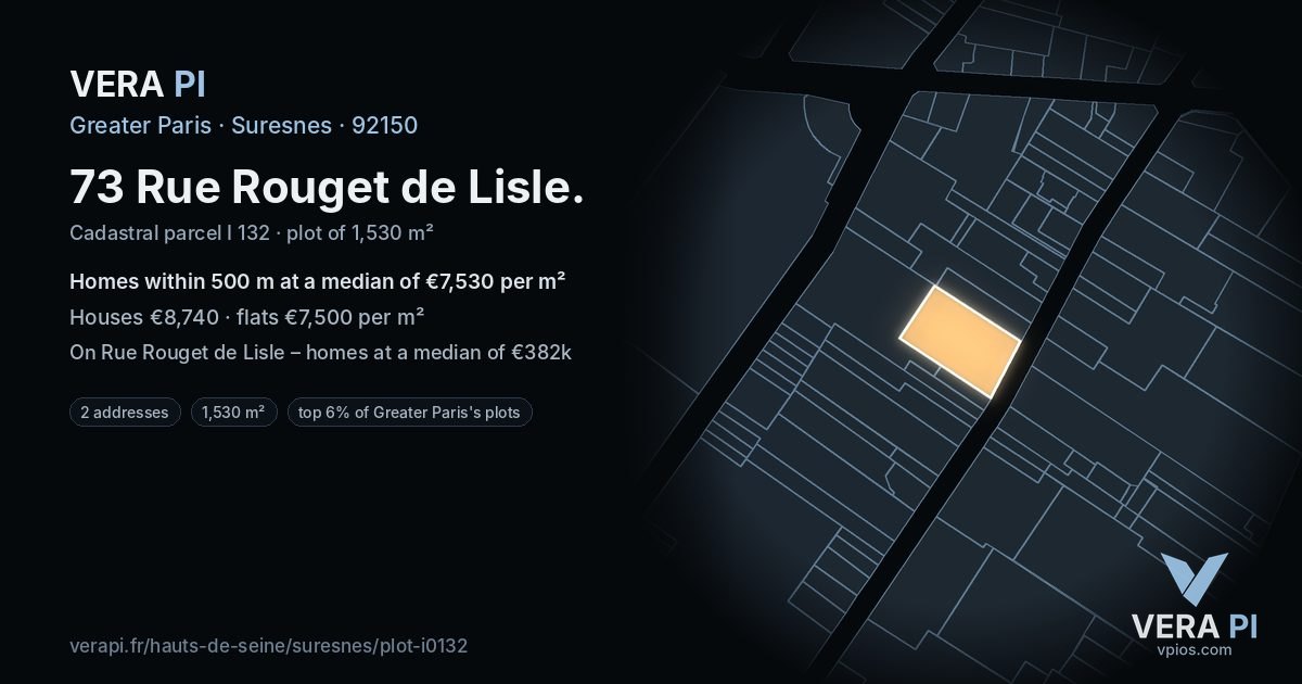 73 Rue Rouget de Lisle, Suresnes at night – the plot lit, the parcels around coloured by the prices near them
