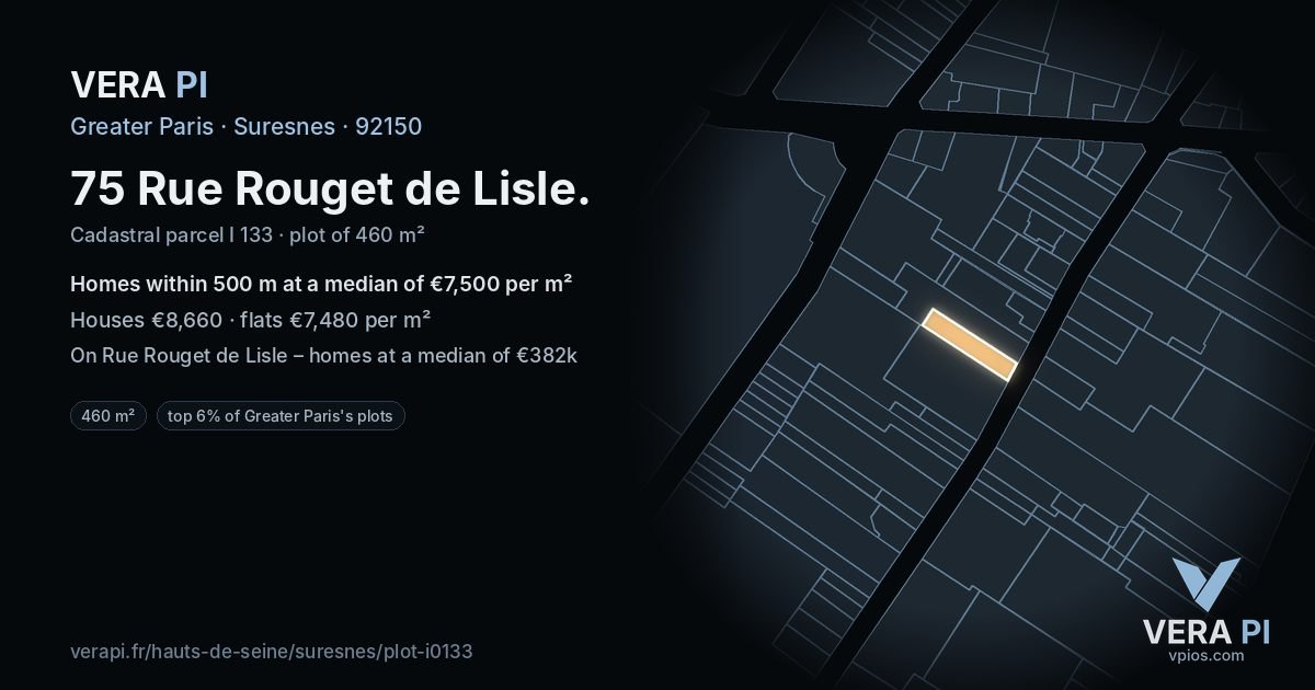 75 Rue Rouget de Lisle, Suresnes at night – the plot lit, the parcels around coloured by the prices near them