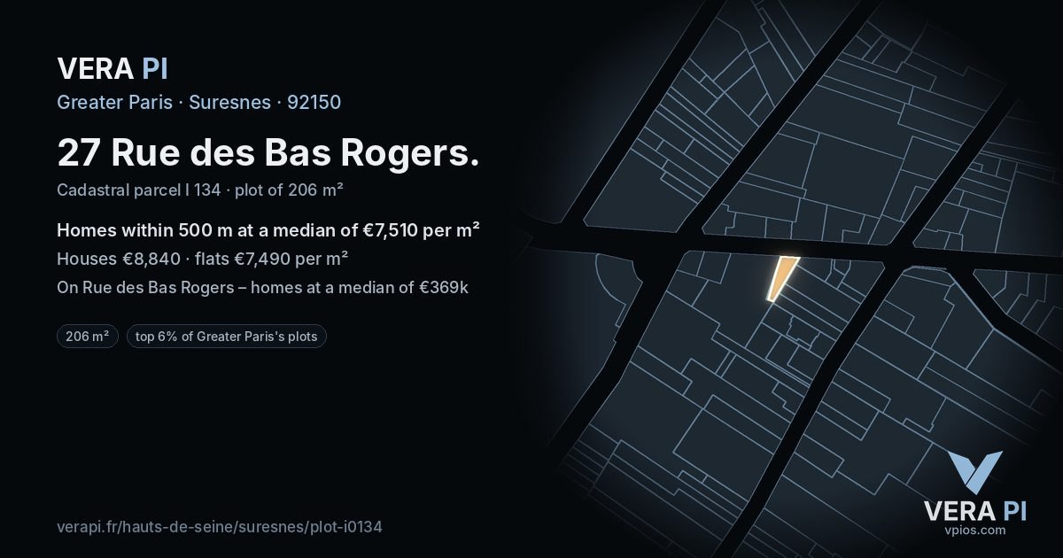 27 Rue des Bas Rogers, Suresnes at night – the plot lit, the parcels around coloured by the prices near them