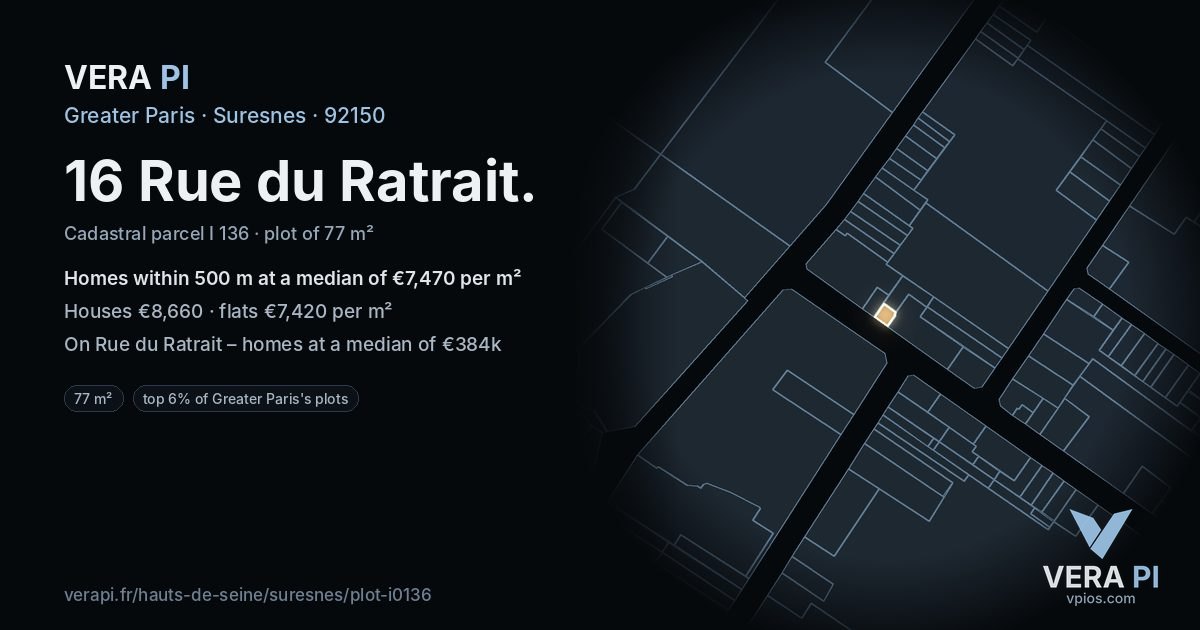16 Rue du Ratrait, Suresnes at night – the plot lit, the parcels around coloured by the prices near them