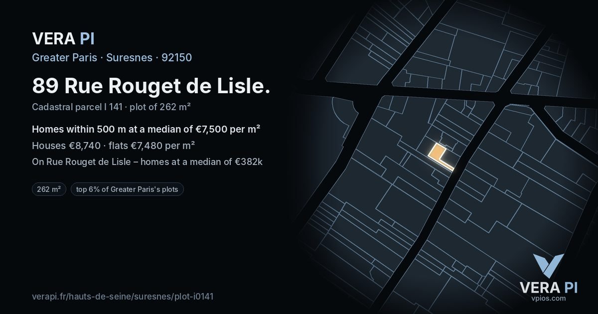 89 Rue Rouget de Lisle, Suresnes at night – the plot lit, the parcels around coloured by the prices near them