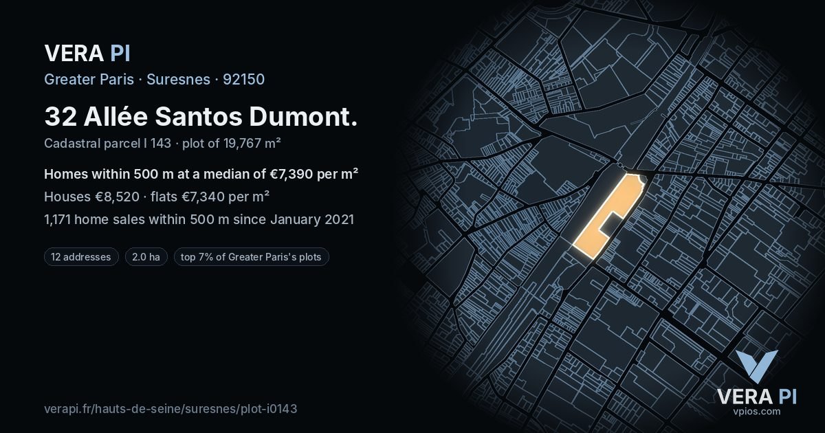32 Allée Santos Dumont, Suresnes at night – the plot lit, the parcels around coloured by the prices near them