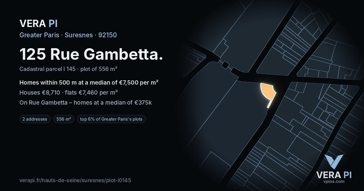 125 Rue Gambetta, Suresnes at night – the plot lit, the parcels around coloured by the prices near them