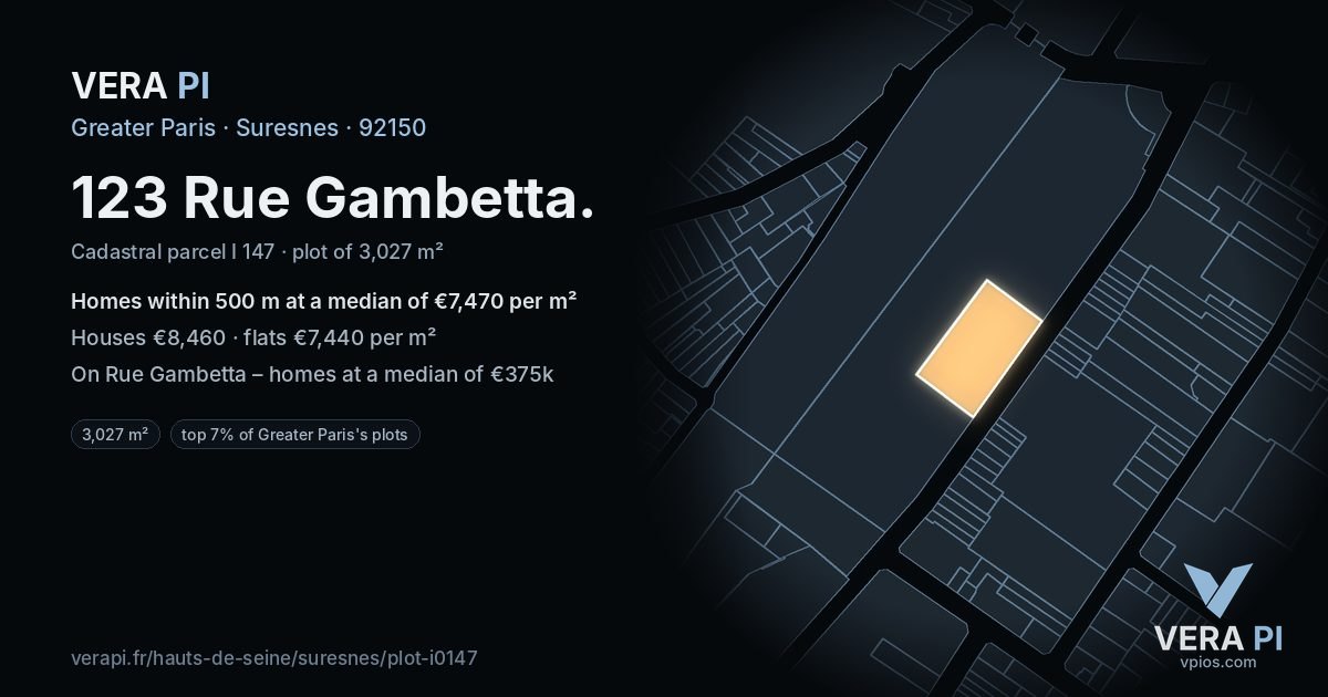 123 Rue Gambetta, Suresnes at night – the plot lit, the parcels around coloured by the prices near them