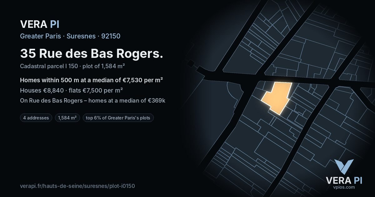 35 Rue des Bas Rogers, Suresnes at night – the plot lit, the parcels around coloured by the prices near them