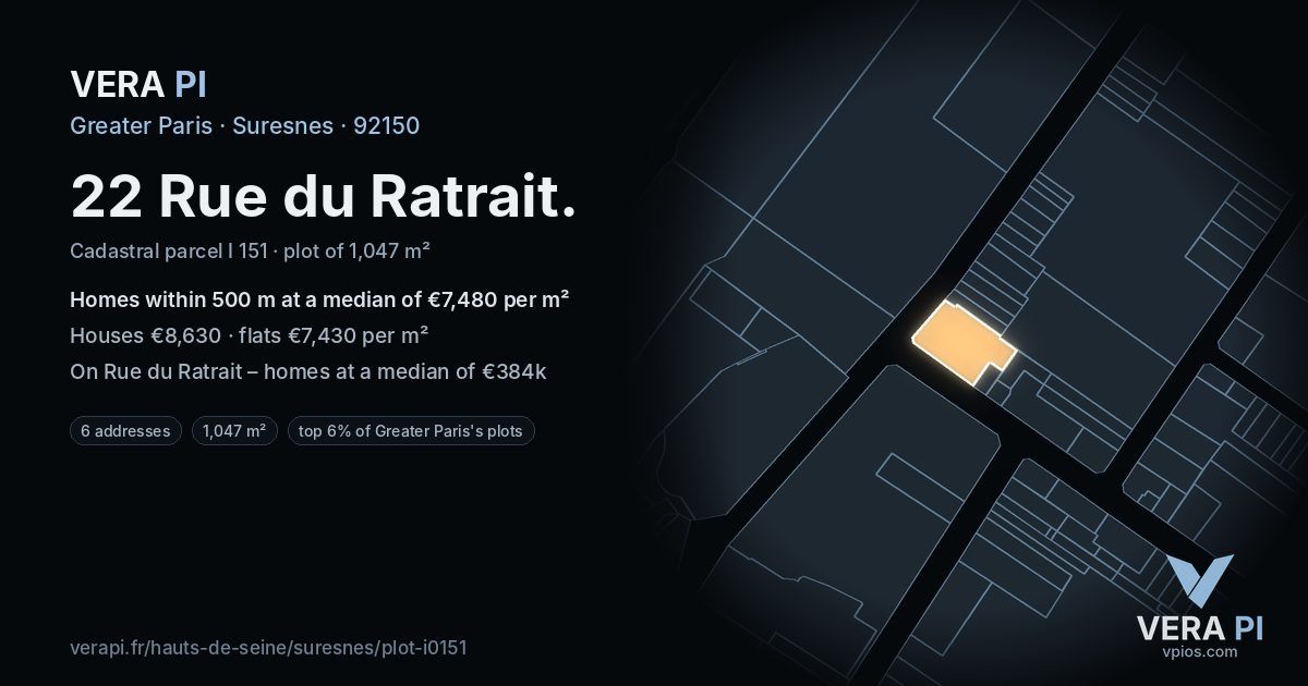 22 Rue du Ratrait, Suresnes at night – the plot lit, the parcels around coloured by the prices near them