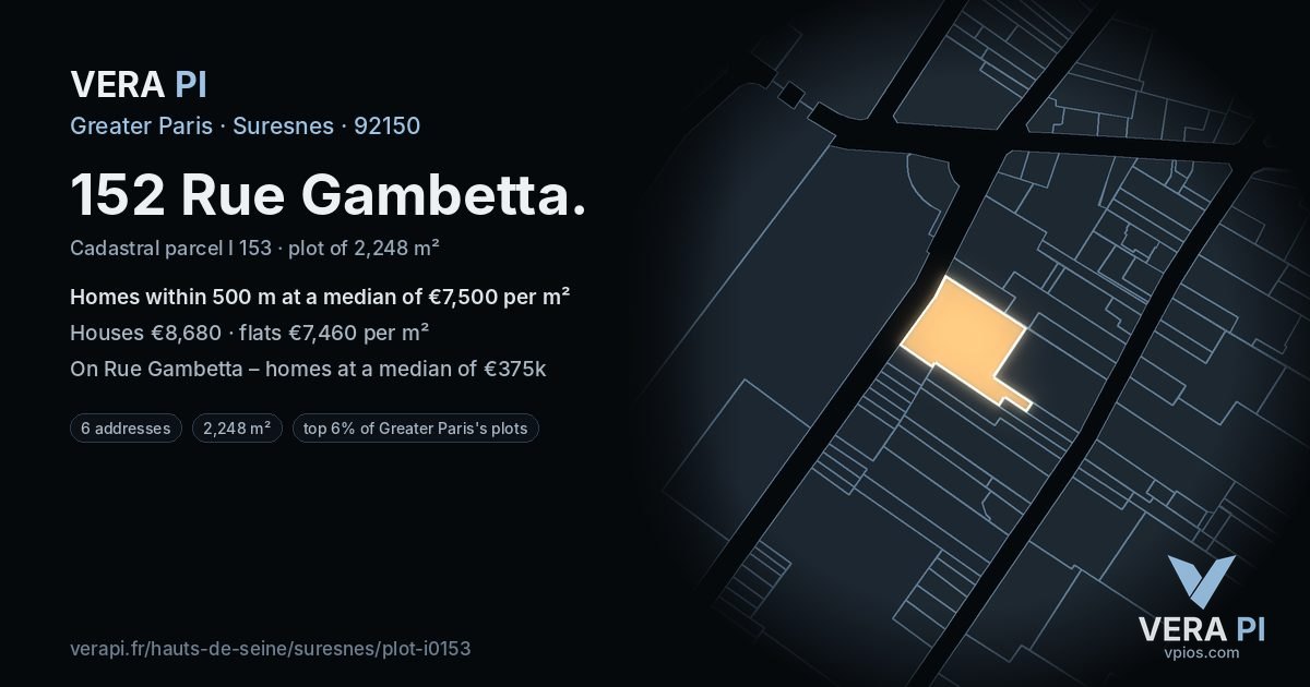 152 Rue Gambetta, Suresnes at night – the plot lit, the parcels around coloured by the prices near them