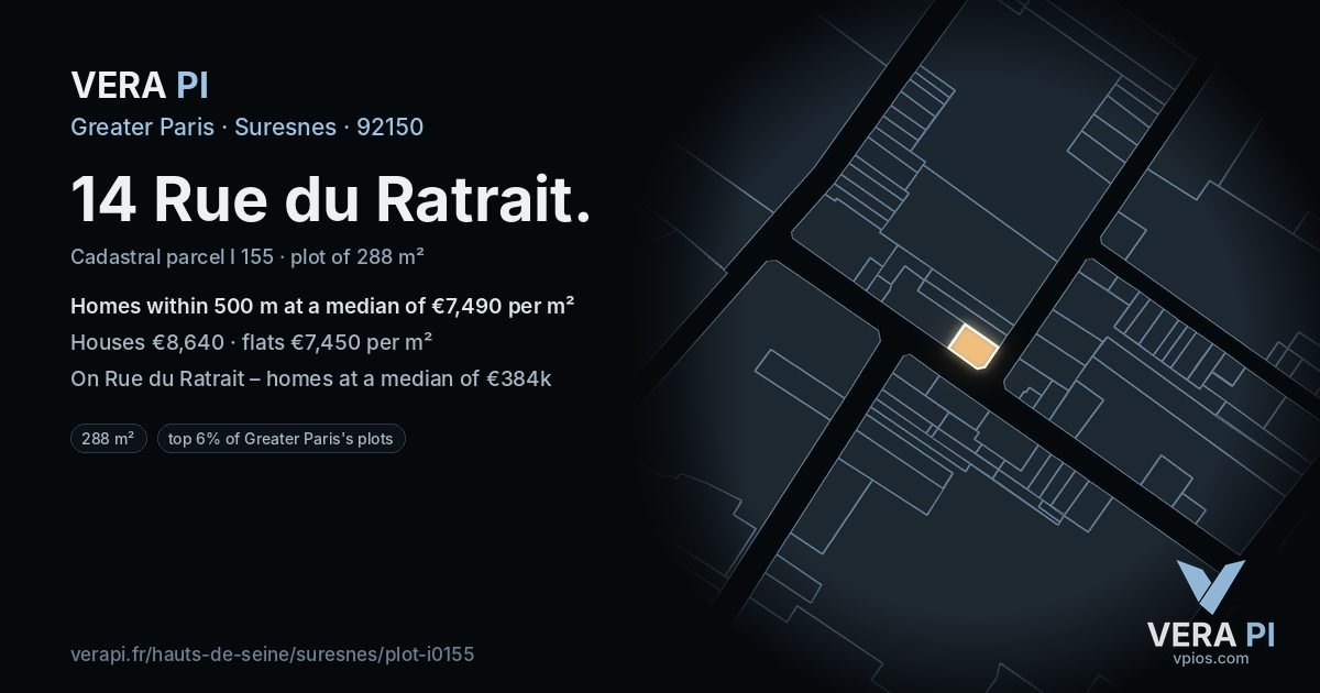 14 Rue du Ratrait, Suresnes at night – the plot lit, the parcels around coloured by the prices near them