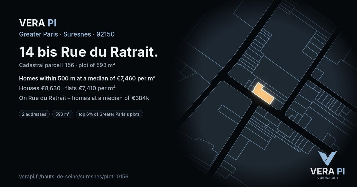 14 bis Rue du Ratrait, Suresnes at night – the plot lit, the parcels around coloured by the prices near them
