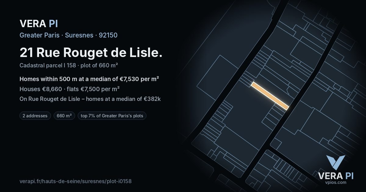 21 Rue Rouget de Lisle, Suresnes at night – the plot lit, the parcels around coloured by the prices near them