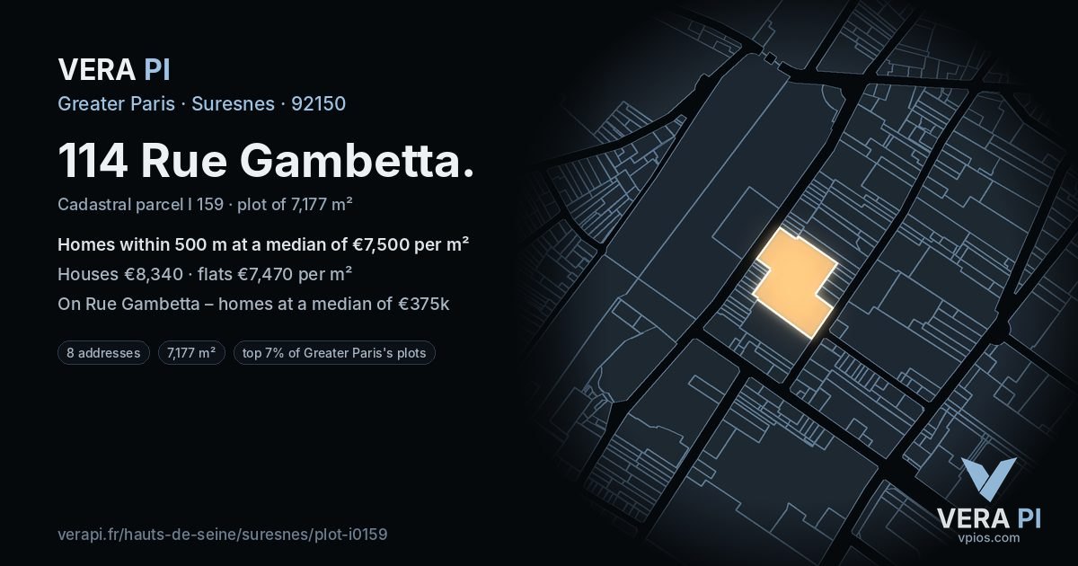 114 Rue Gambetta, Suresnes at night – the plot lit, the parcels around coloured by the prices near them