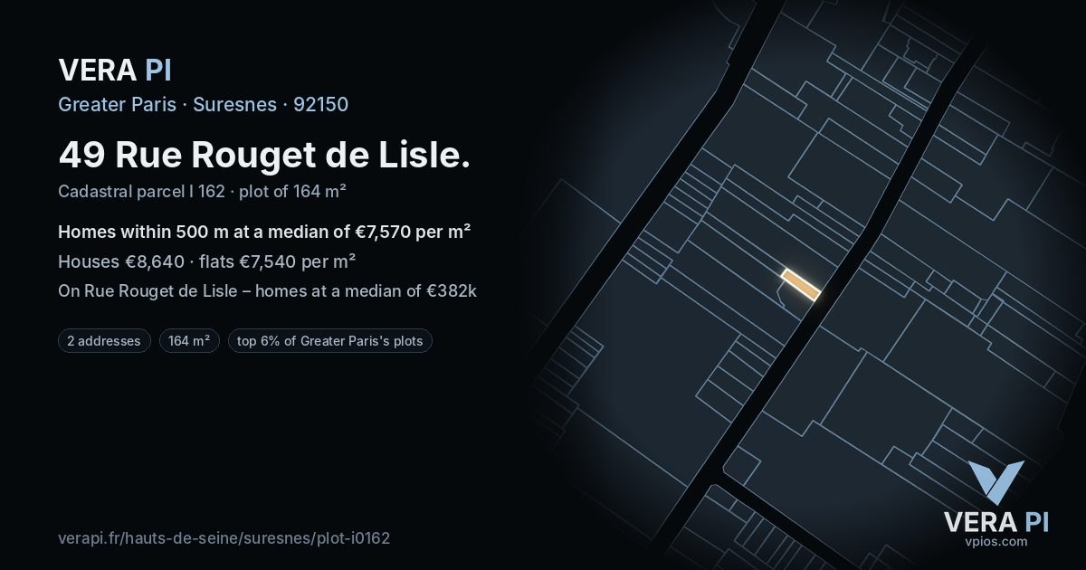 49 Rue Rouget de Lisle, Suresnes at night – the plot lit, the parcels around coloured by the prices near them