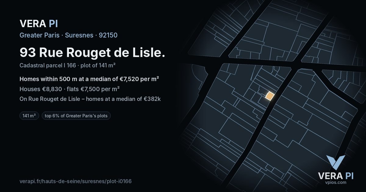 93 Rue Rouget de Lisle, Suresnes at night – the plot lit, the parcels around coloured by the prices near them