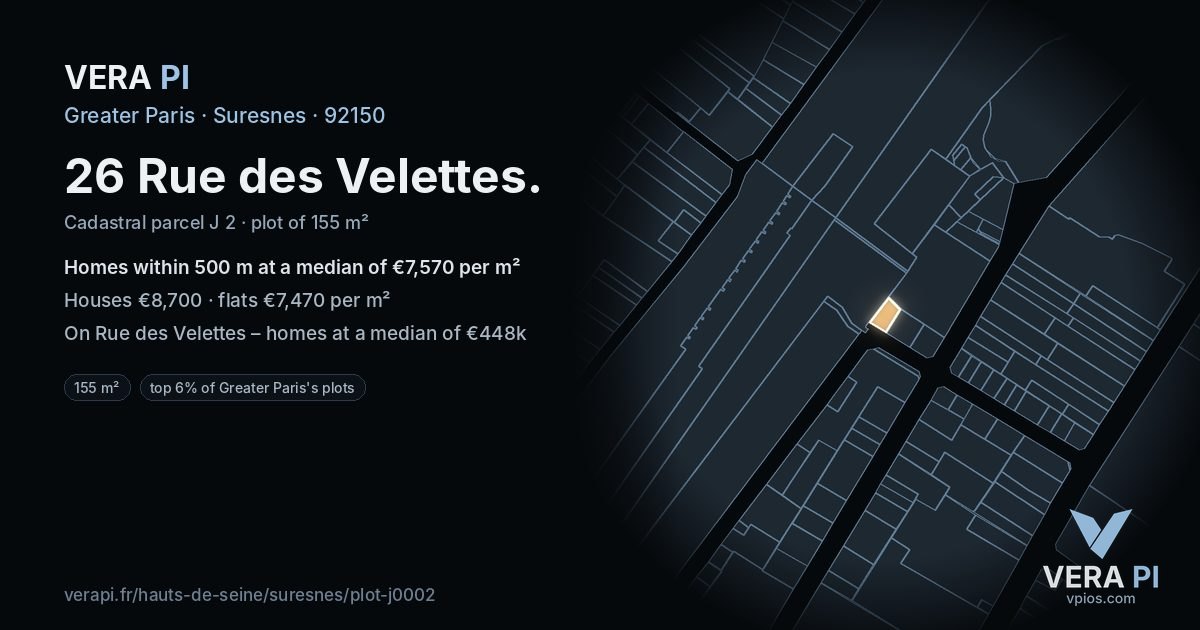 26 Rue des Velettes, Suresnes at night – the plot lit, the parcels around coloured by the prices near them