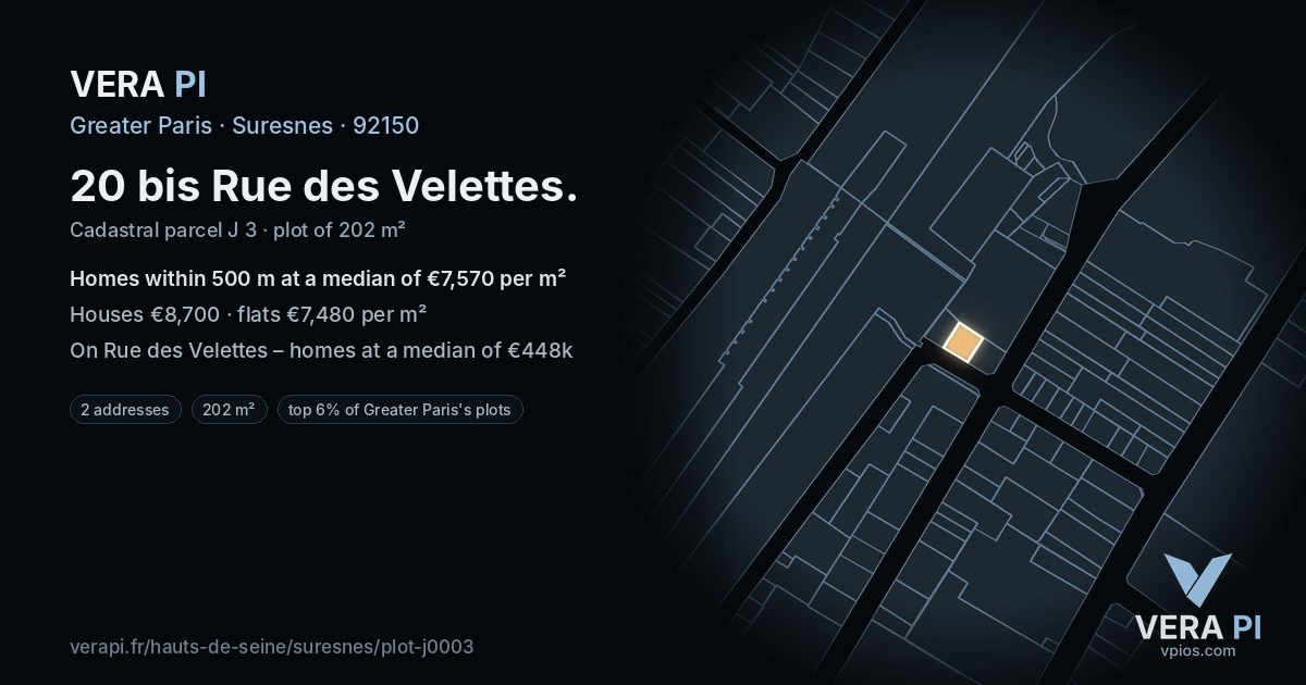 20 bis Rue des Velettes, Suresnes at night – the plot lit, the parcels around coloured by the prices near them