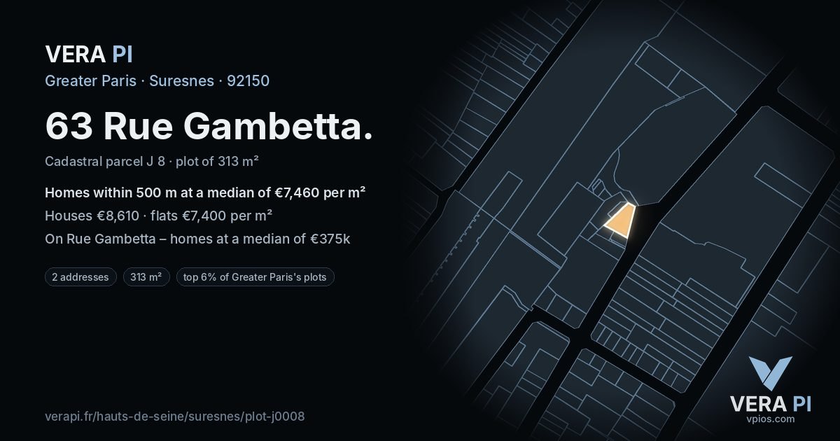 63 Rue Gambetta, Suresnes at night – the plot lit, the parcels around coloured by the prices near them