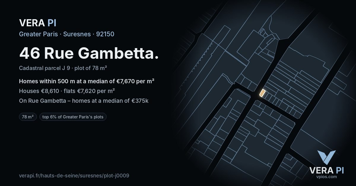 46 Rue Gambetta, Suresnes at night – the plot lit, the parcels around coloured by the prices near them