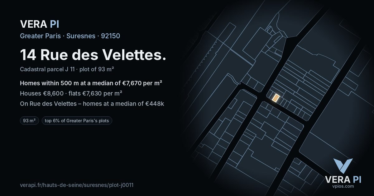 14 Rue des Velettes, Suresnes at night – the plot lit, the parcels around coloured by the prices near them