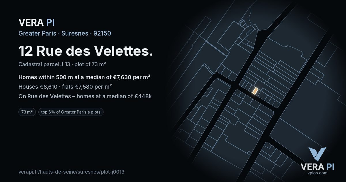 12 Rue des Velettes, Suresnes at night – the plot lit, the parcels around coloured by the prices near them
