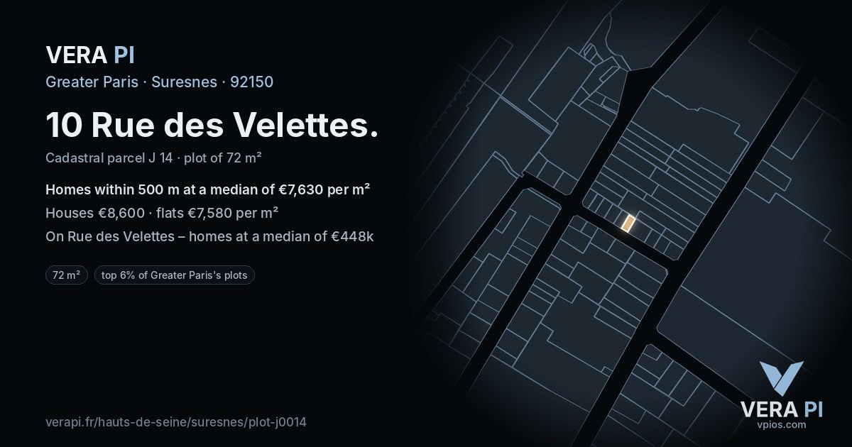 10 Rue des Velettes, Suresnes at night – the plot lit, the parcels around coloured by the prices near them