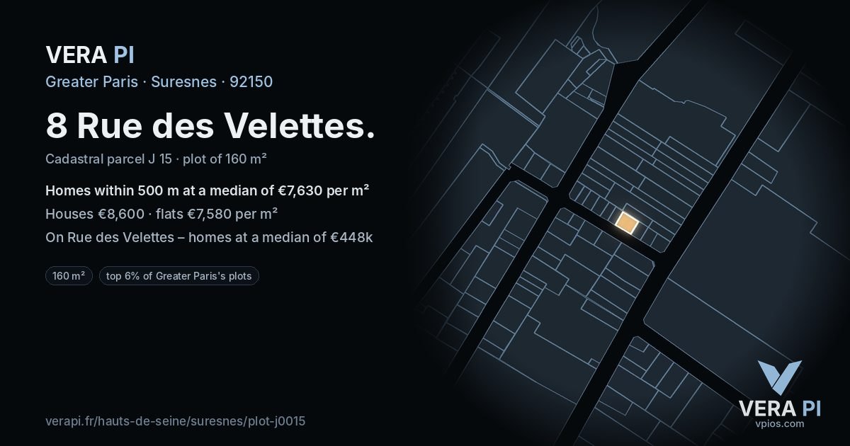 8 Rue des Velettes, Suresnes at night – the plot lit, the parcels around coloured by the prices near them