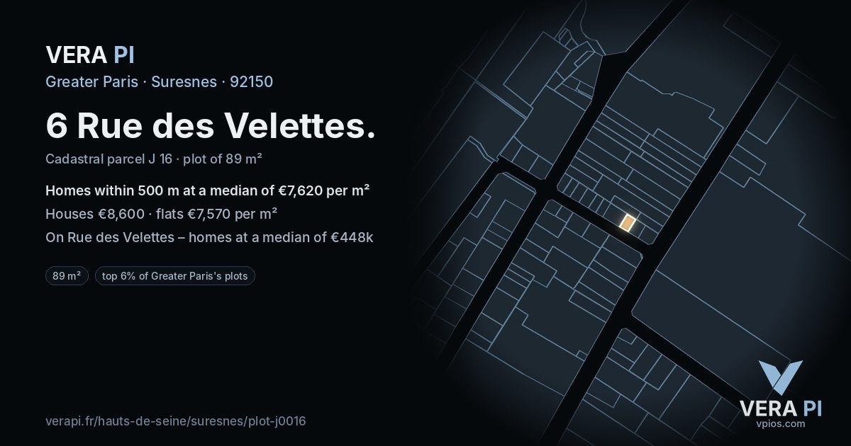 6 Rue des Velettes, Suresnes at night – the plot lit, the parcels around coloured by the prices near them