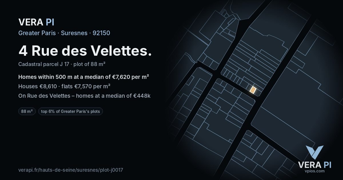 4 Rue des Velettes, Suresnes at night – the plot lit, the parcels around coloured by the prices near them